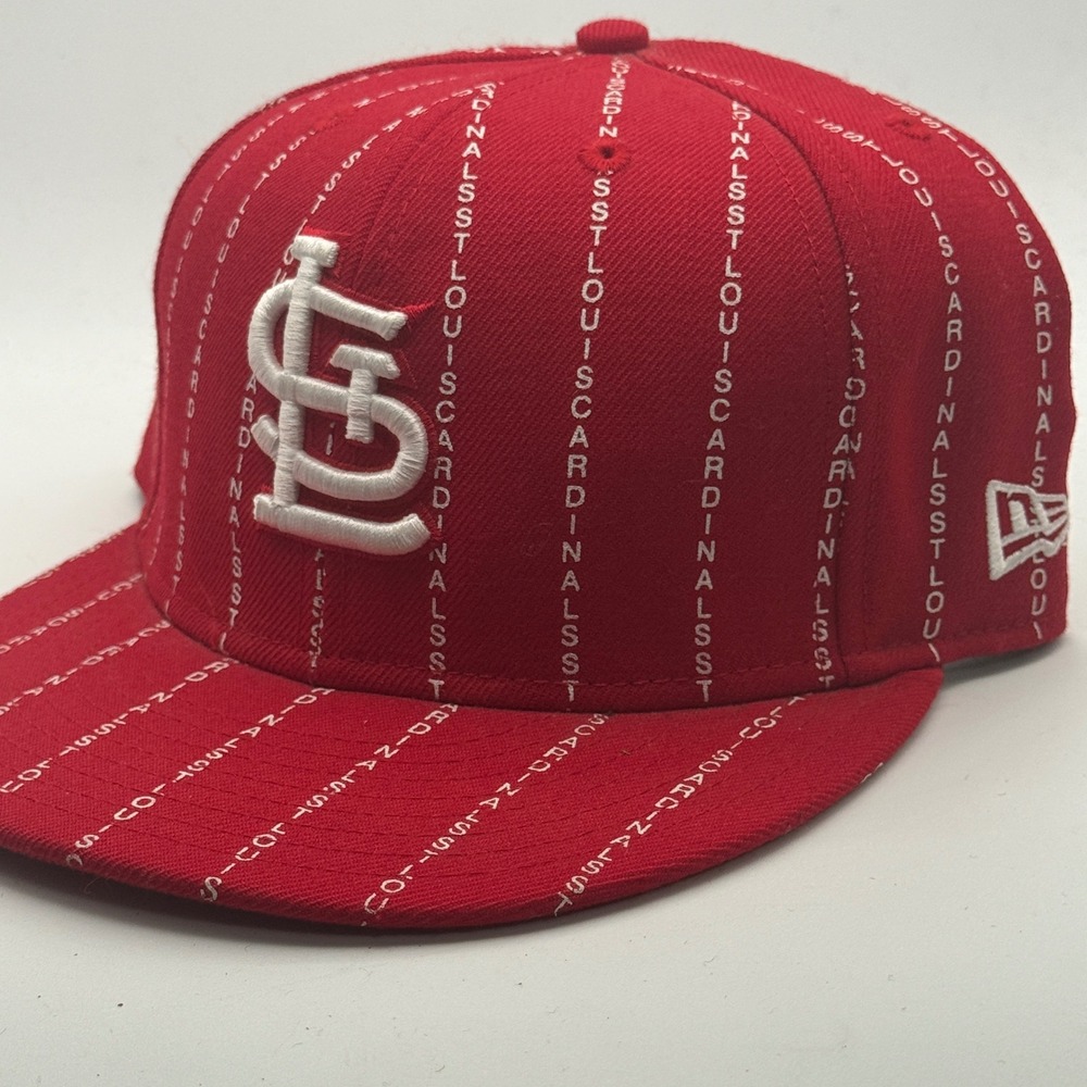 New Era St Louis Cardinals MLB Red Pinstripe Script Fitted Hat 7 1/2 59FIFTY